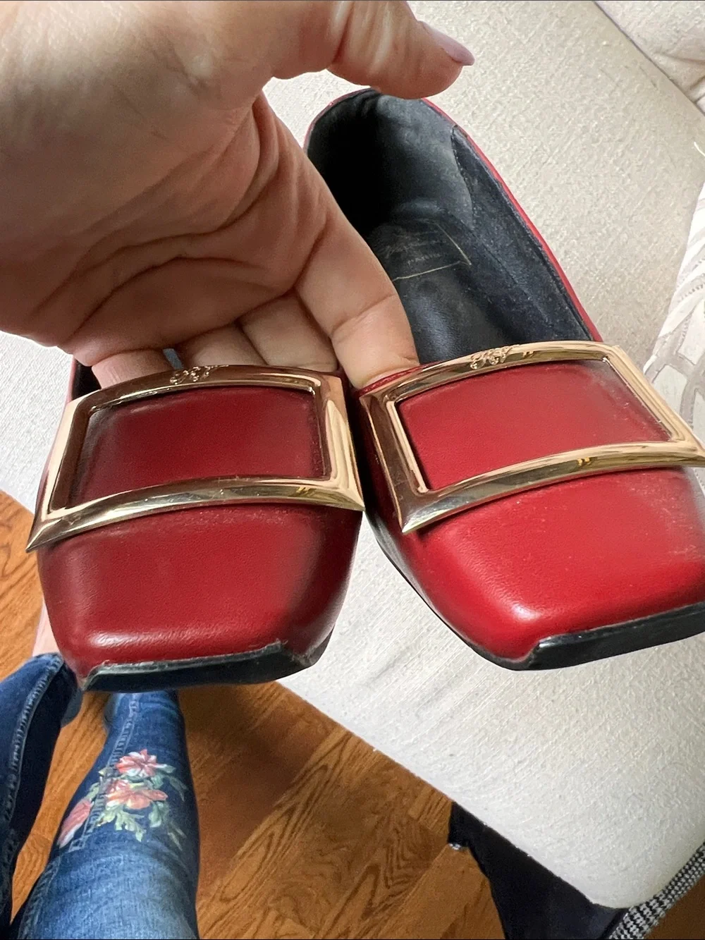 R Vivier inspired Red Leather Square-Toe Buckle Pumps - Picture 5 of 6